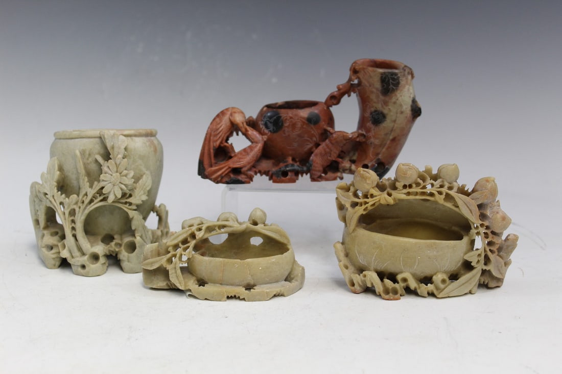 Four Chinese Carved Soapstone Water Coupes .: Four Chinese Carved Soapstone Water Coupes .. Longest L 14 cm. Tallest H 9 cm