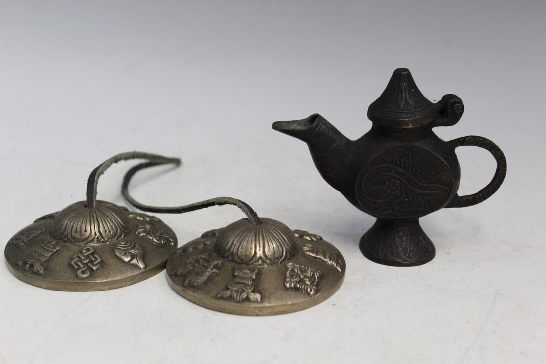 Indian Bronze Oil Lamp and Pair of Tibetan Cymbals Tingsha (1 of 5)