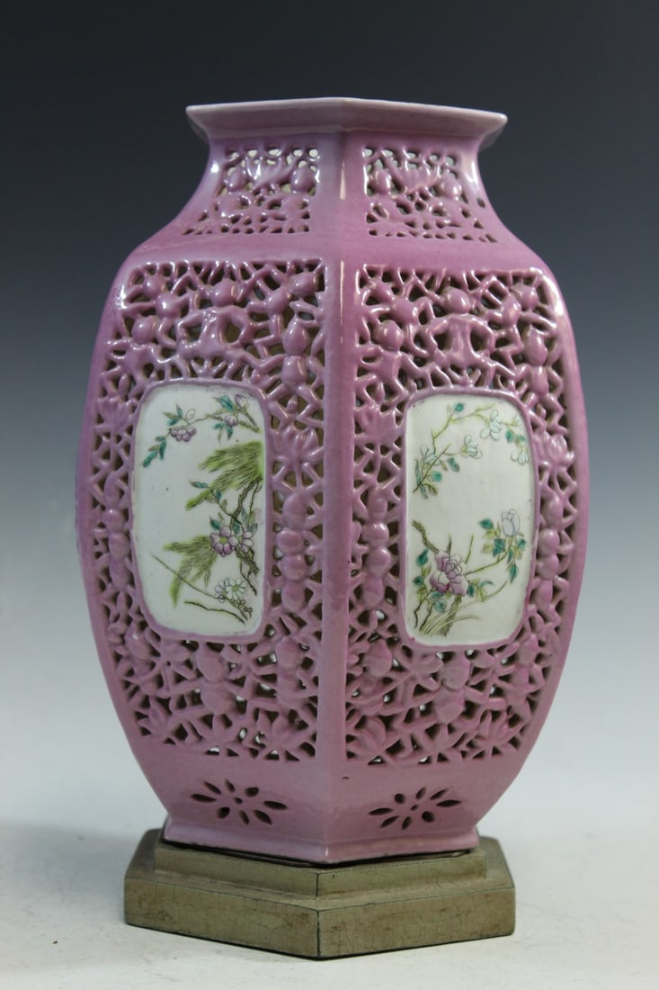 Chinese Pink Glazed Famille Rose Porcelain Lantern Vase: Chinese Pink Glazed Famille Rose Porcelain Lantern Vase. H 26.5 cm.