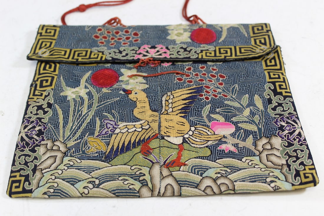 Chinese Silk Brocade Embroidery Handbag Made of Two Court Badges.: Chinese Silk Brocade Embroidery Handbag Made of Two Court Badges.. 23x20 cm