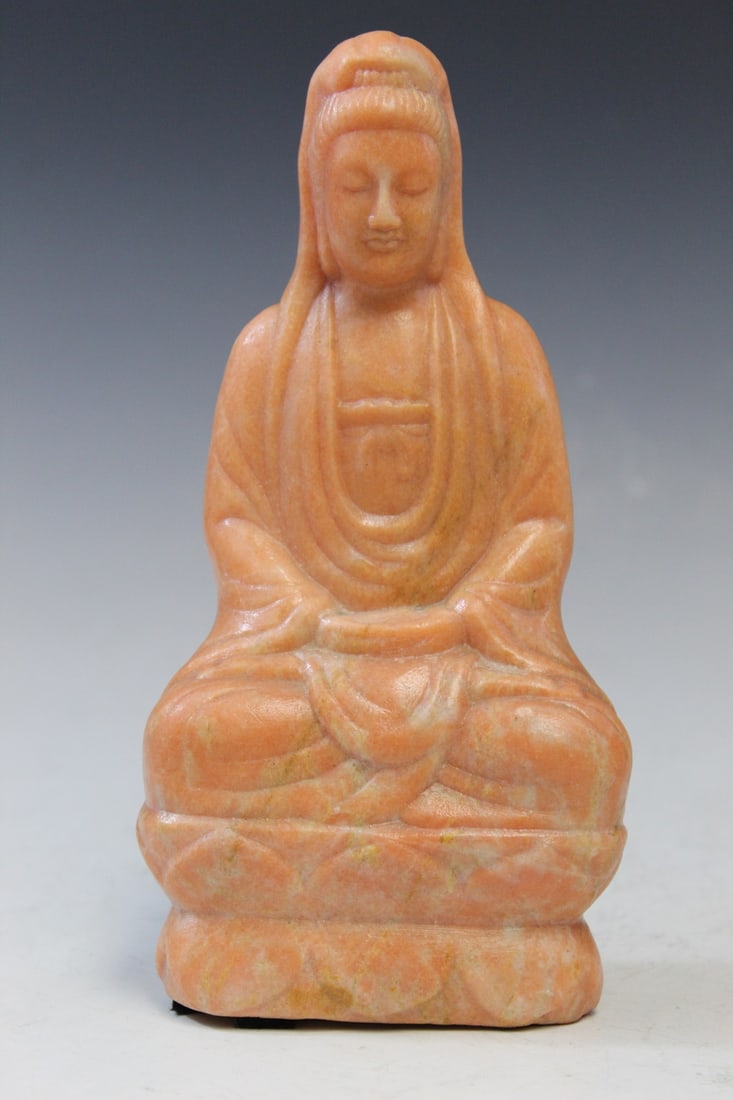 Chinese Carved Pink Stone Guanyin Statue: Chinese Carved Pink Stone Guanyin Statue. H 22 cm.