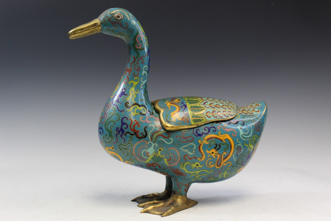 Chinese Cloisonne Duck Incense Burner: Chinese Cloisonne Duck Incense Burner. H 28 cm, L 28 cm.