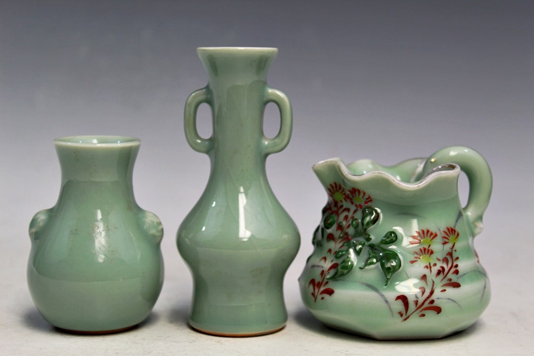 Three Asian Celadon Glaze Porcelain Items (1 of 8)