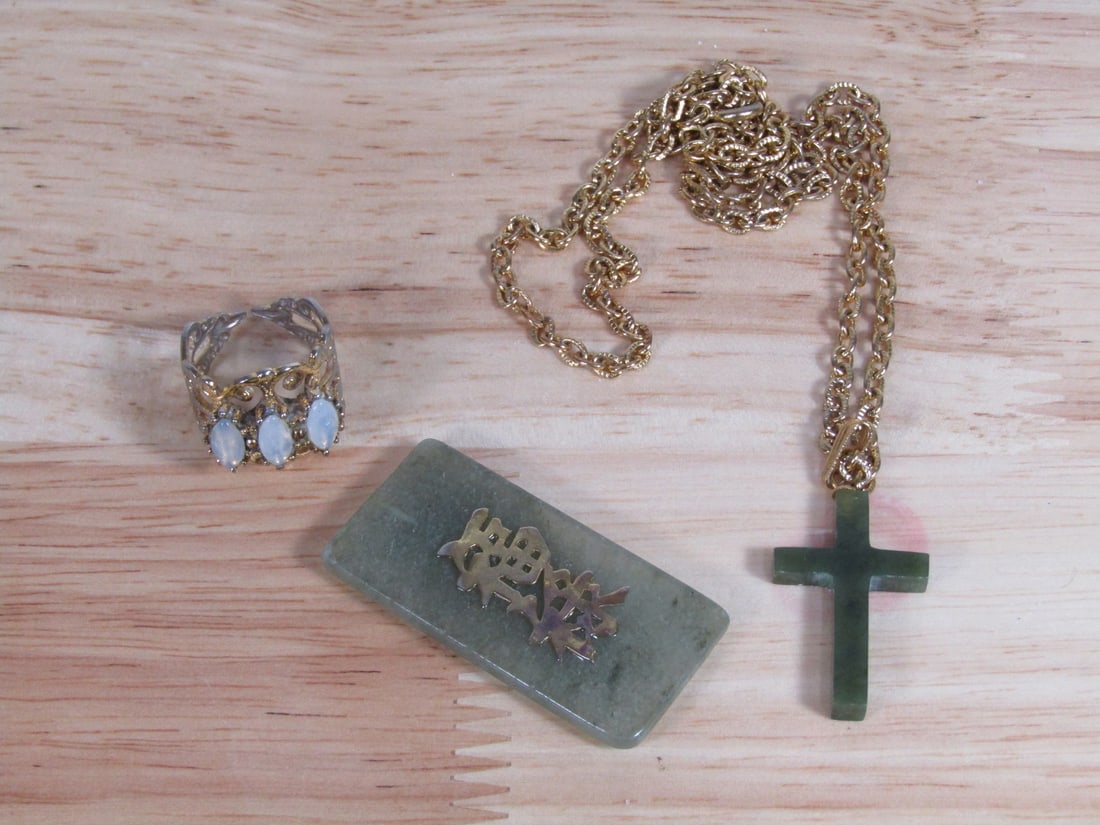 Jade Pendant, Jade Cross Necklace and a Ring: Jade Pendant, Jade Cross Necklace and a Ring. Necklace L 24". Pendant L 1.75".