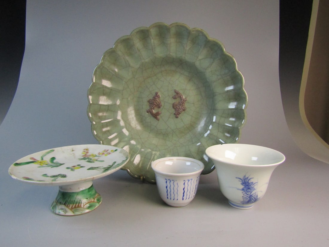 Asian Porcelain Lot: Asian Porcelain Lot. Celadon Dish Diam 9.5".