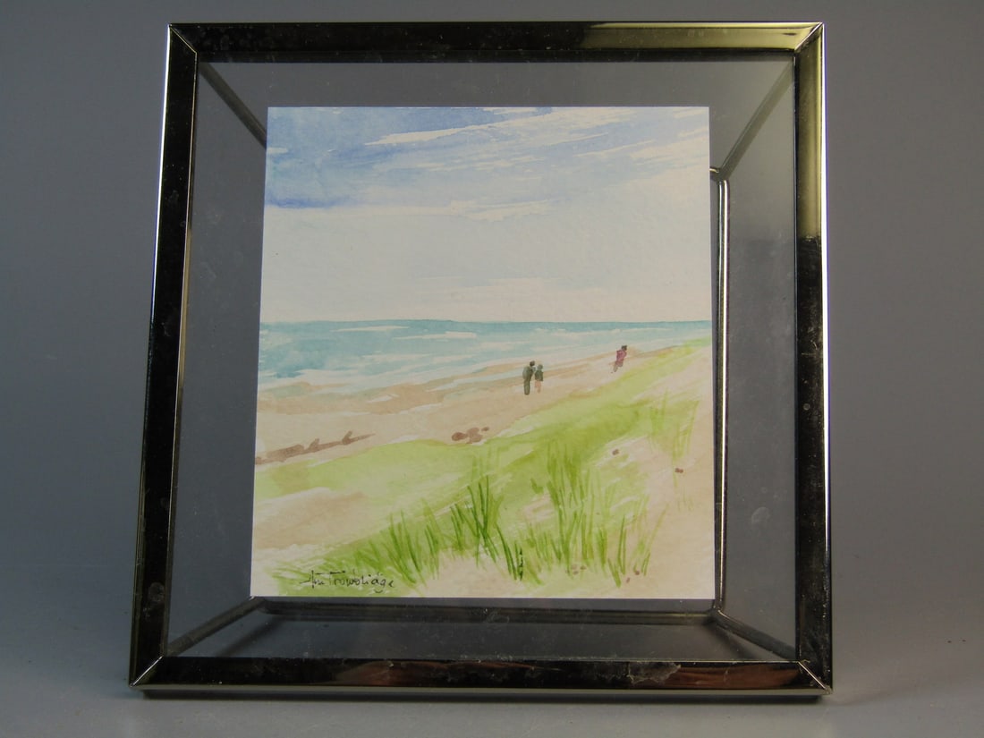 Walking the Beach, Watercolor by Ann Trowbridge.: Walking the Beach, Watercolor by Ann Trowbridge.. Frame 6x6x3".