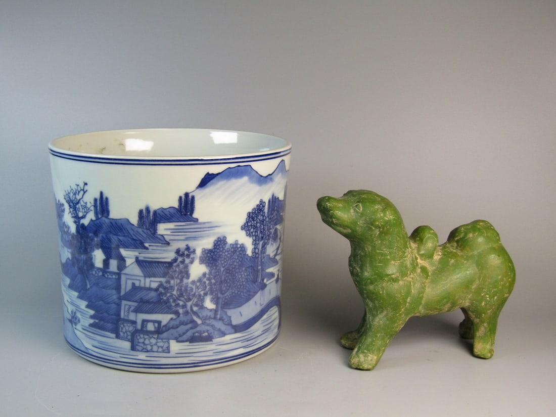 Chinese Blue and White Porcelain Brush Pot and A Pottery Dog (1 of 8)