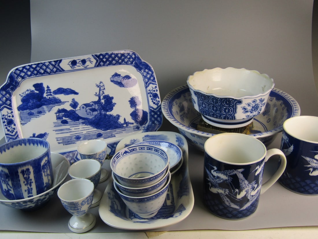 Blue and White Group: Blue and White Group. Largest Diam 9.75". L 10.75".