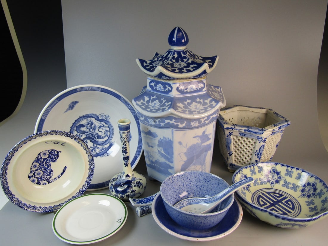 Blue and White Porcelain Items: Blue and White Porcelain Items. Tallest H 12".