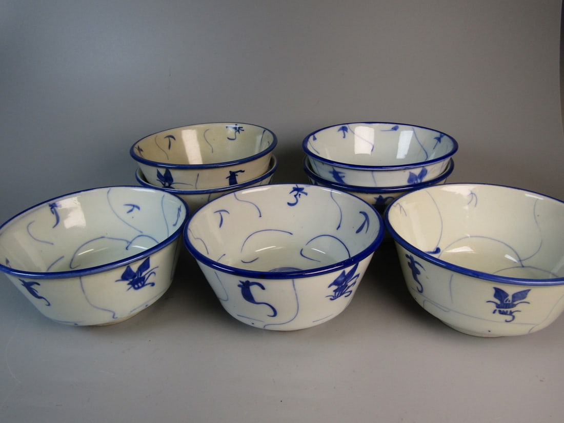 Six Chinese Blue and White Rice Bowls: Six Chinese Blue and White Rice Bowls. Diam 5".