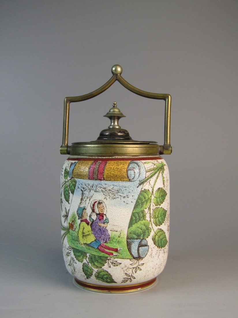 Grove & Stark Staffordshire Biscuit Barrel Rosebud Silver Plated Lid: Grove & Stark Staffordshire Biscuit Barrel Rosebud Silver Plated Lid. H 7".
