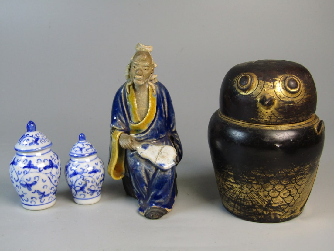 Japanese Lacquer Owl Box and Chinese Mud Man Figure: Japanese Lacquer Owl Box and Chinese Mud Man Figure. H 4.5". As Is.