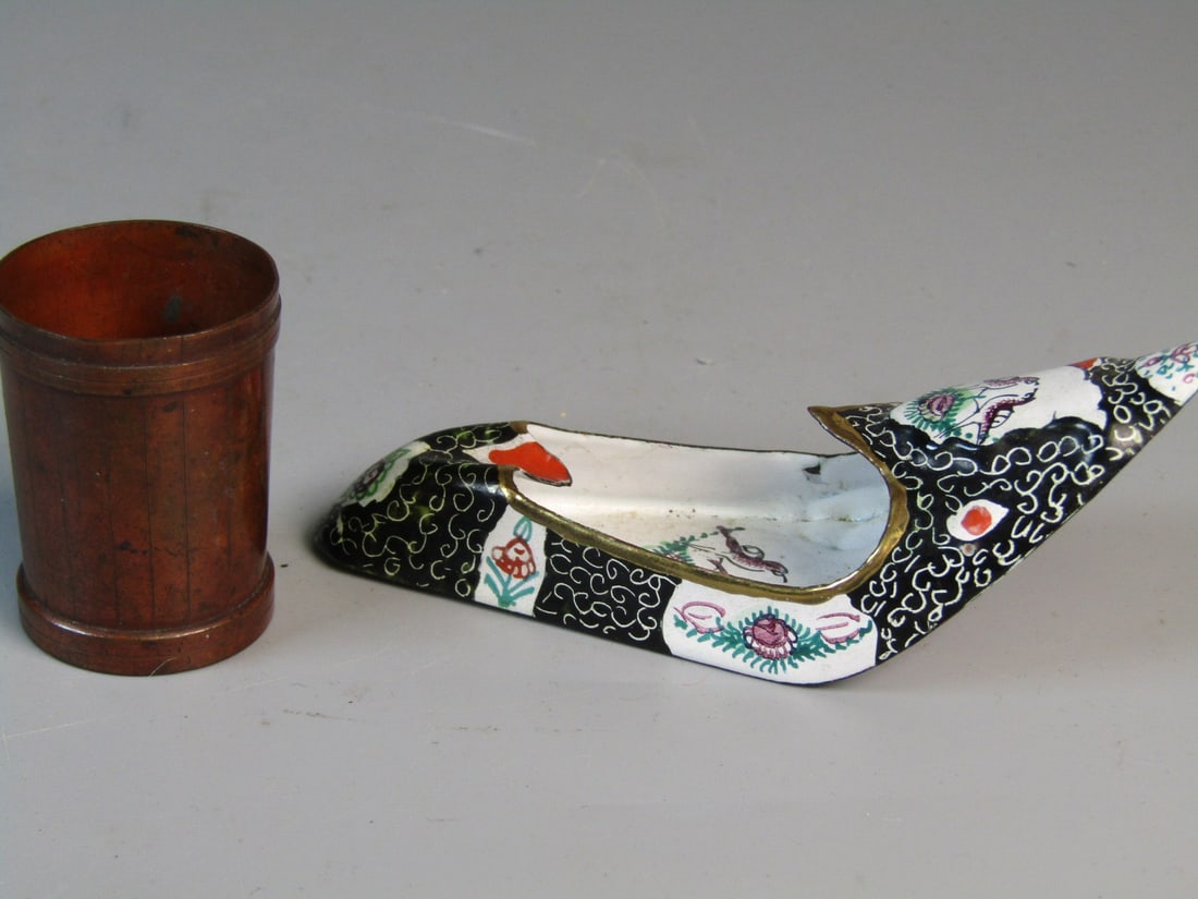 Enamel Ashtray and Gorham Co Brass Cup: Enamel Ashtray and Gorham Co Brass Cup. L 4".