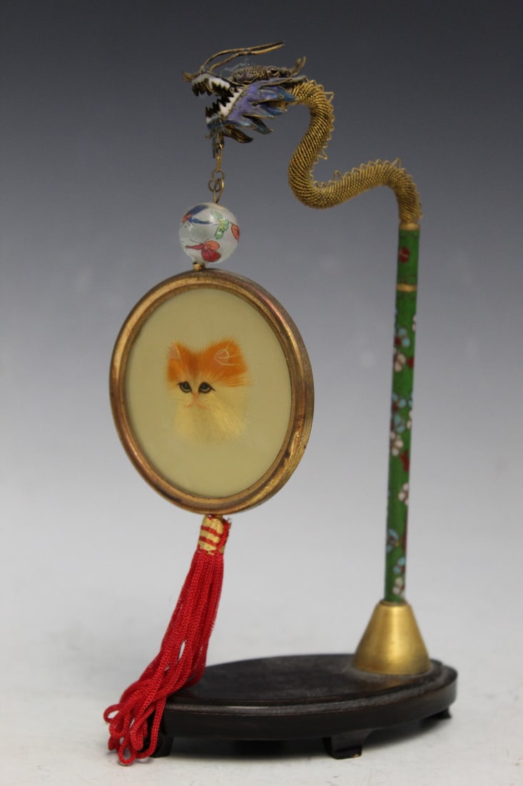 Chinese Needle Work Pendant on Dragon Cloisonne Stand: Chinese Needle Work Pendant on Dragon Cloisonne Stand. H 7.5".