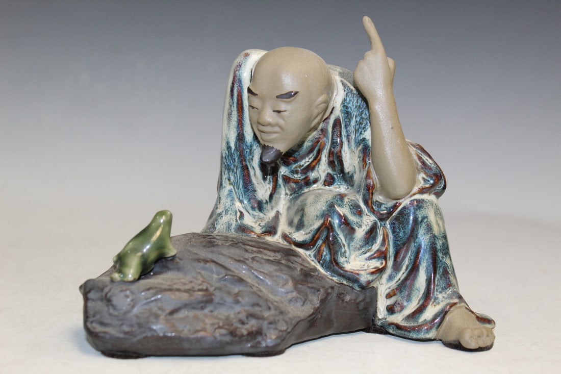 Chinese Glazed Pottery Figure of a Luohan and a Toad.: Chinese Glazed Pottery Figure of a Luohan and a Toad. L 7".