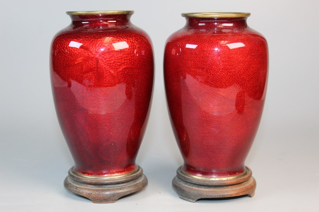 Pair of Japanese Yamamoto Cloisonne Vases on Wood Stands: Pair of Japanese Yamamoto Cloisonne Vases on Wood Stands. Vase H 5".