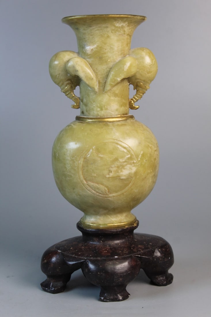 Chinese Carved Soapstone Vase: Chinese Carved Soapstone Vase. H 8.25". As Is.