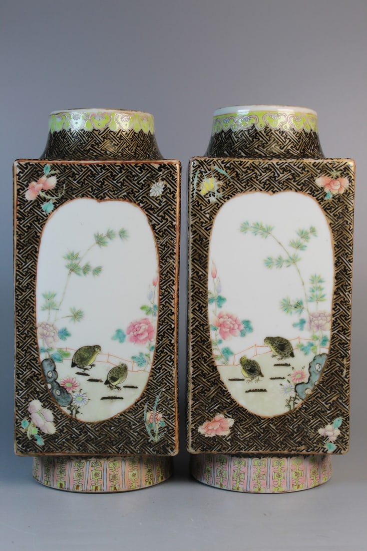 Pair of Chinese Famille Rose Porcelain Cong Vases (1 of 9)