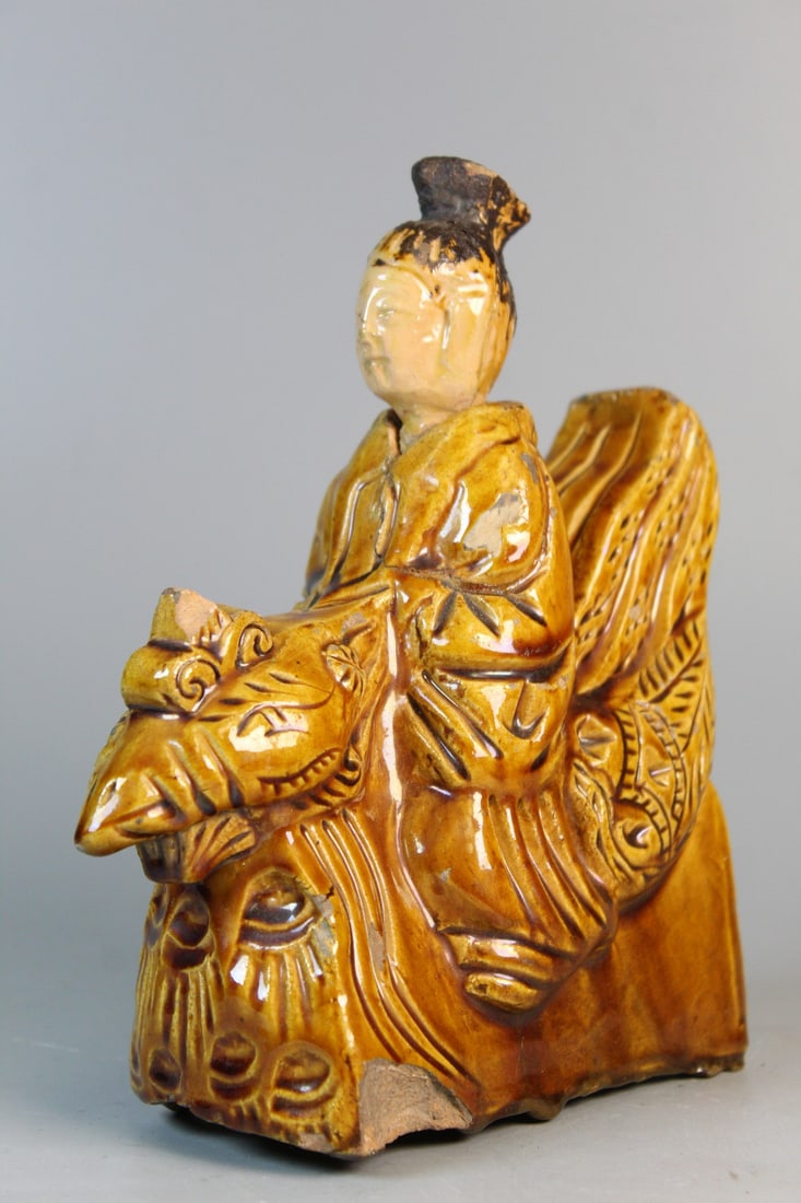 Chinese Sancai Glazed Pottery Roof Top Figure: Chinese Sancai Glazed Pottery Roof Top Figure. H 7". L 6". As Is.