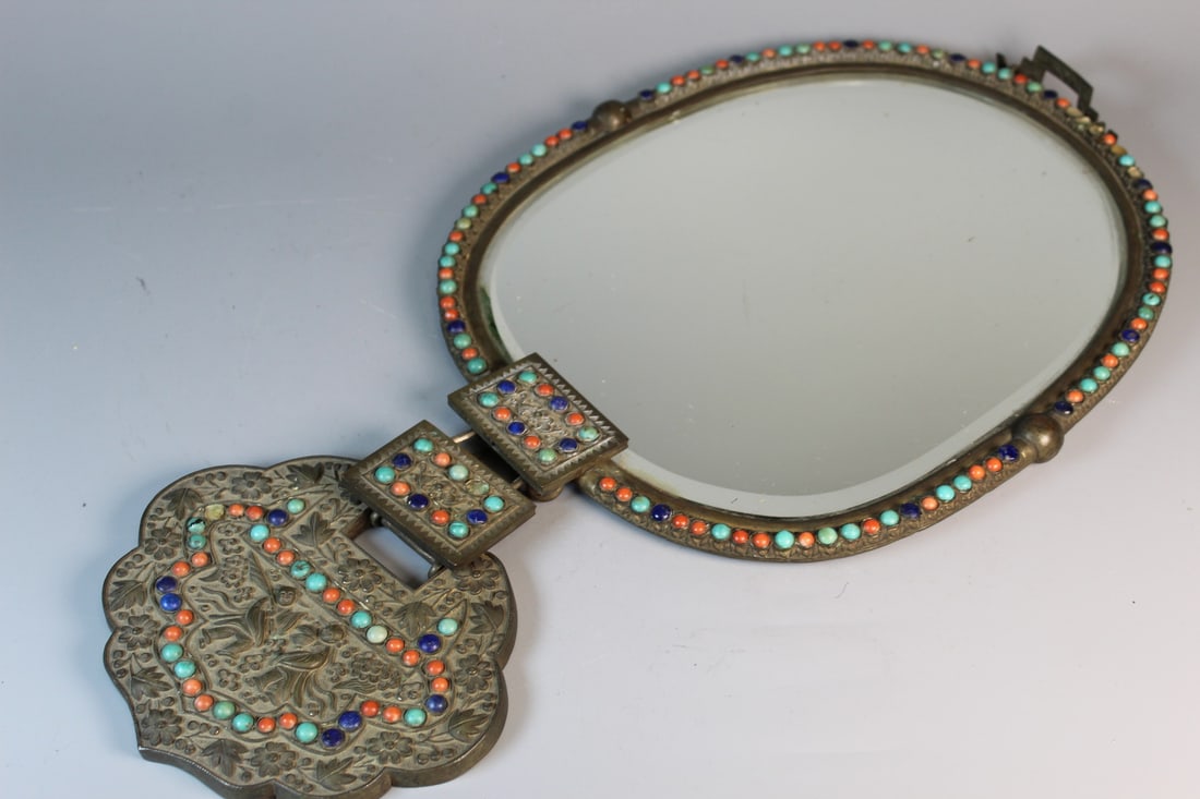 Chinese Mirror with Coral, Turquoise and Lapis Lazuli Decorations.: Chinese Mirror with Coral, Turquoise and Lapis Lazuli Decorations. . L 17". W 9".