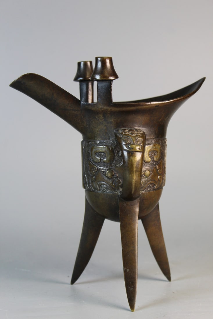 Chinese Bronze Jue Libation Cup: Chinese Bronze Jue Libation Cup. H 8".