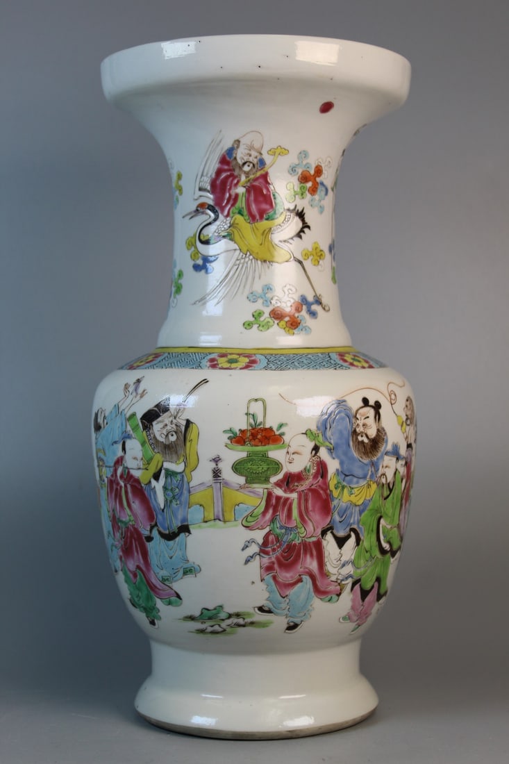 Chinese Famille Rose Porcelain Vase with Immortals Decorations.: Chinese Famille Rose Porcelain Vase with Immortals Decorations. . H 14.25". Diam 7". Good Condition. No hairline, no repair, no chip.