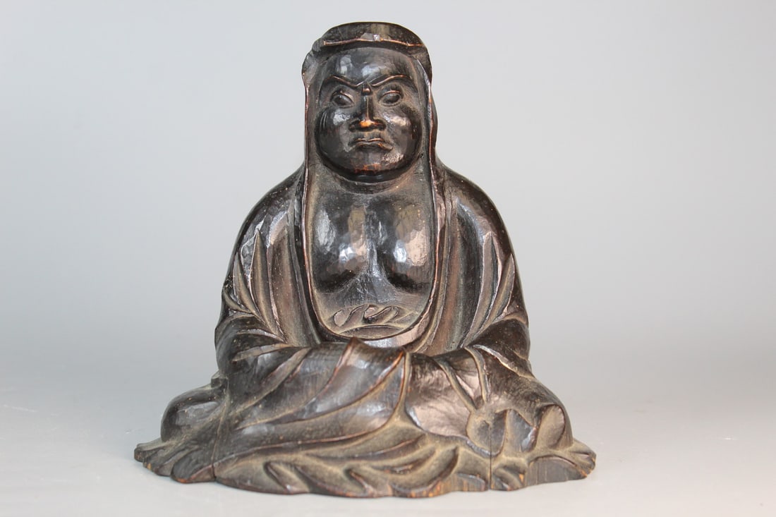Japanese Carved Wood Luohan Statue: Japanese Carved Wood Luohan Statue. H 6". Dated 1890.