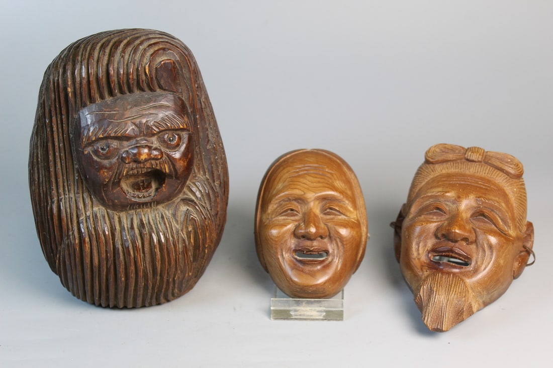 Japanese Carved Wood Daruma and Two Masks (1 of 9)