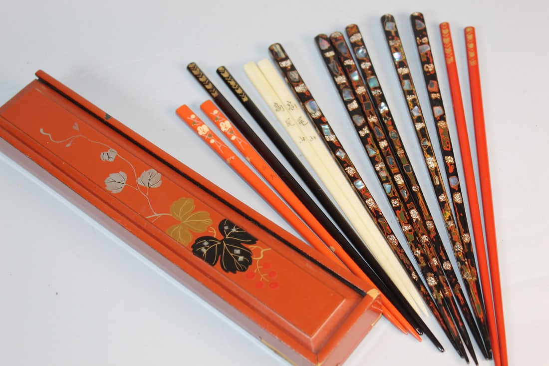 A Collection of Japanese Lacquered Chopsticks and a Box: A Collection of Japanese Lacquered Chopsticks and a Box. Box L 10".