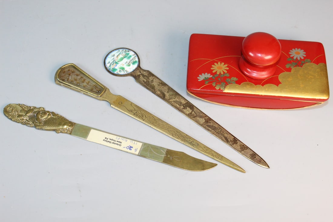 Three Antique Chinese and Japanese Metal Letter Openers and a Lacquered Seal: Three Antique Chinese and Japanese Metal Letter Openers and a Lacquered Seal. L 8.5".