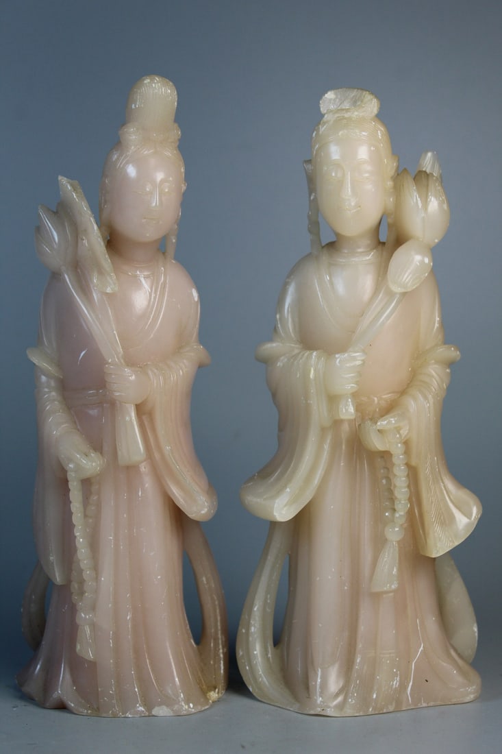 Pair of Chinese Carved Soapstone Figures: Pair of Chinese Carved Soapstone Figures. H 9".