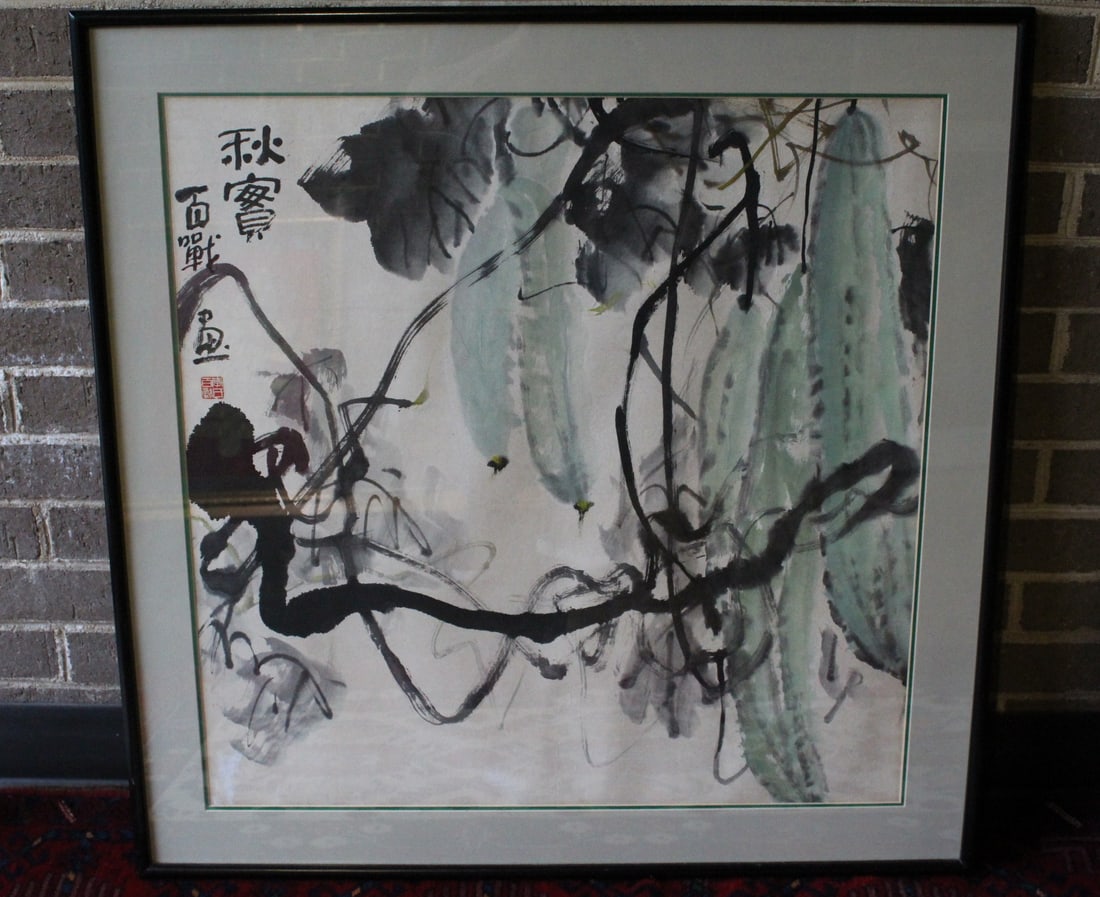 Autum Harvest, Li Baizhan (Chinese) Ink and Watercolor on Paper.: Autum Harvest, Li Baizhan (Chinese) Ink and Watercolor on Paper.. 26x25.5", Frame 31.5x31.5".