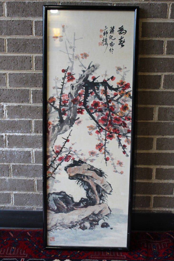 Spring, Xiao fan (Chinese). Ink and Watercolor Painting on Paper.: Spring, Xiao fan (Chinese). Ink and Watercolor Painting on Paper.. frame 39x14.5".