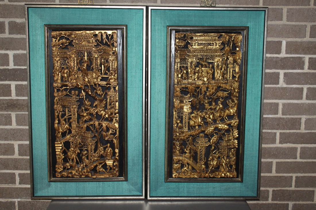 Pair of Chinese Carved and Gilt wood Panels: Pair of Chinese Carved and Gilt wood Panels. 24x10.5", Frame 33x19.5".
