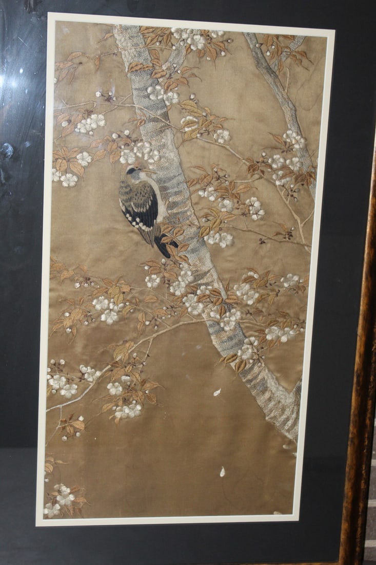 Japanese Embroidery Panel of Bird on Branch: Japanese Embroidery Panel of Bird on Branch. 14x27". Frame 22x36".