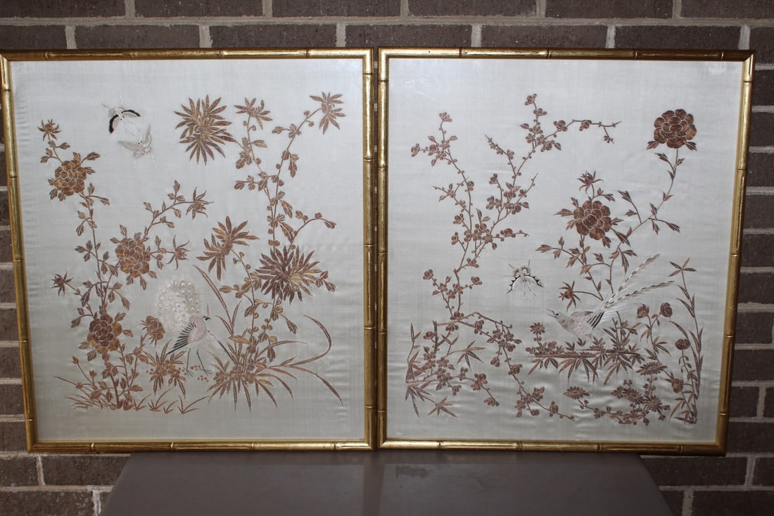 Pair of Chinese Embroidery on Silk Panels of Birds, Butterflies and Flowers: Pair of Chinese Embroidery on Silk Panels of Birds, Butterflies and Flowers. 23x26".