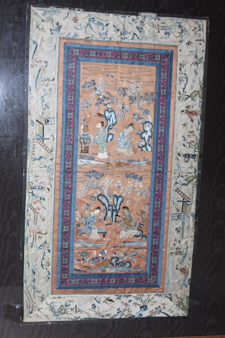 Chinese Silk Embroidery Panel: Chinese Silk Embroidery Panel. 17x30". Frame 30x35.5"
