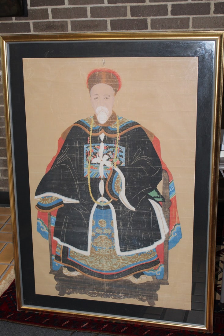Chinese Ancestor Portrait Print on Silk: Chinese Ancestor Portrait Print on Silk. 26.25x39.5". Frame 33.5x47".