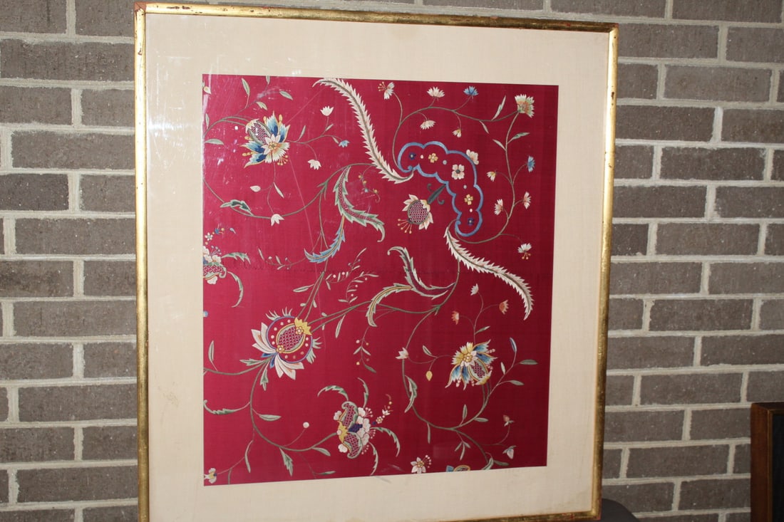 Embroidery on Red Satin: Embroidery on Red Satin. 22x24.75". Frame 30x33".
