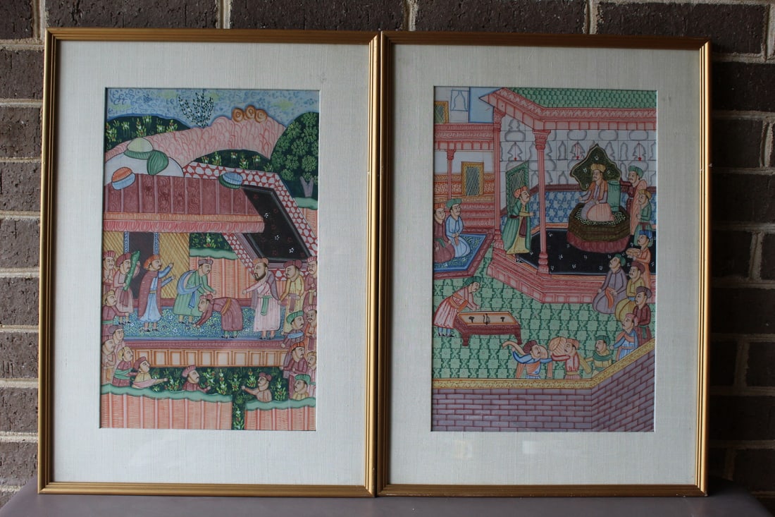 Pair of Indian Paintings on Silk: Pair of Indian Paintings on Silk. 15.25x9.5". Frame 21x15".