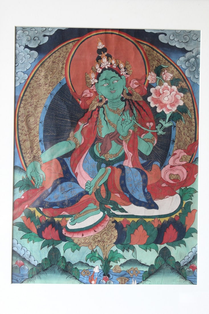 Tibetan Green Tara Thangka.: Tibetan Green Tara Thangka.. 15.5x11". Frame 16x21".