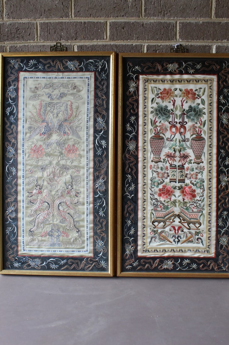 Two Chinese Silk Embroidery Panels: Two Chinese Silk Embroidery Panels. 26.5x14" frame.