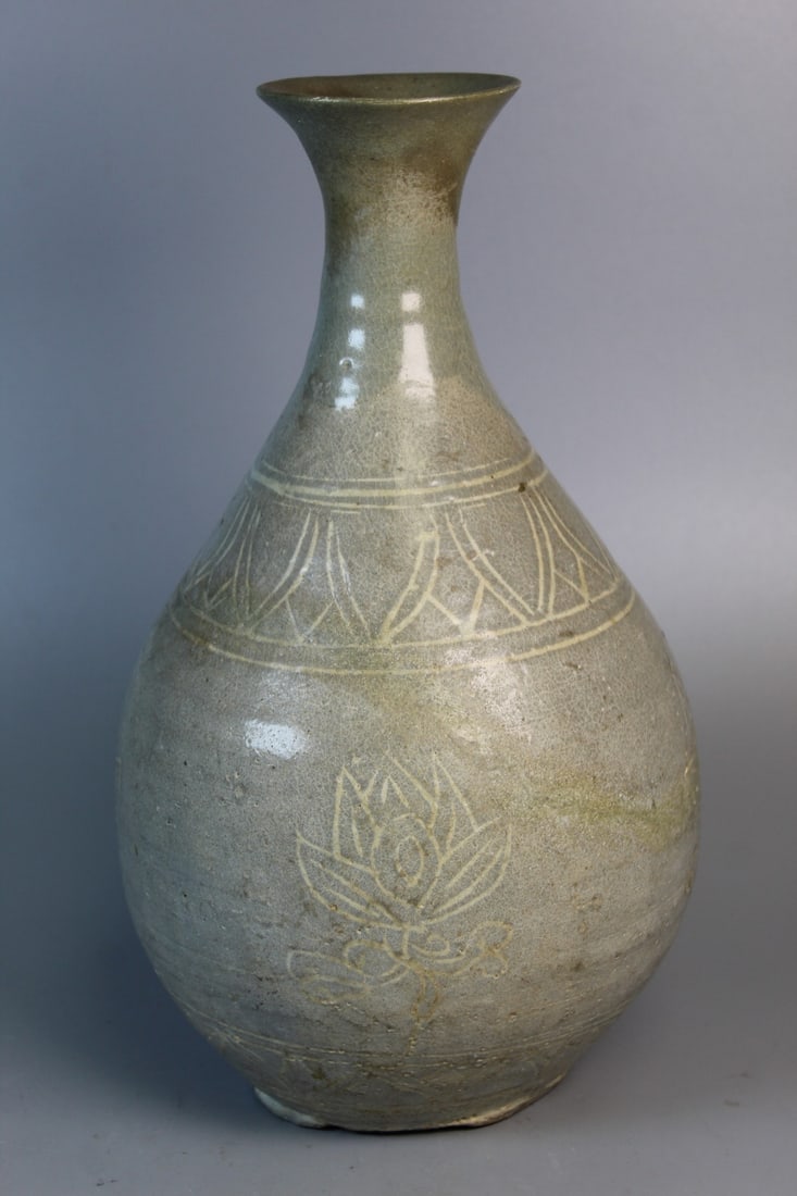 Korean Buncheong Vase with Lotus Decoration: Korean Buncheong Vase with Lotus Decoration. H 12.25", Diam 7". As Is.