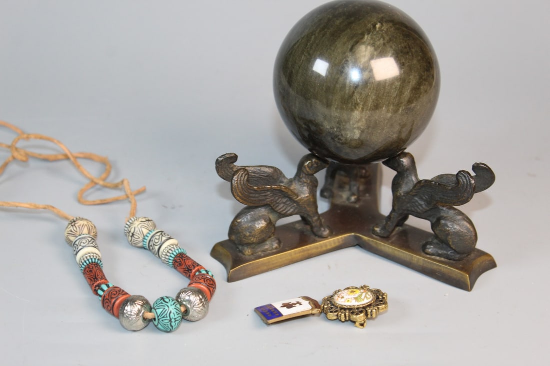 Tiger's Eye Ball, Necklace and Two Pins (1 of 6)