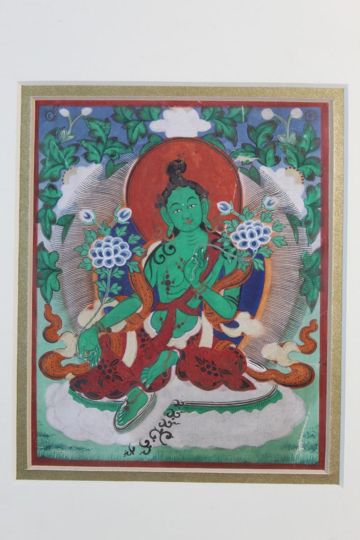 Tibetan Pocket Thangka Depicting Green Tara. (1 of 5)