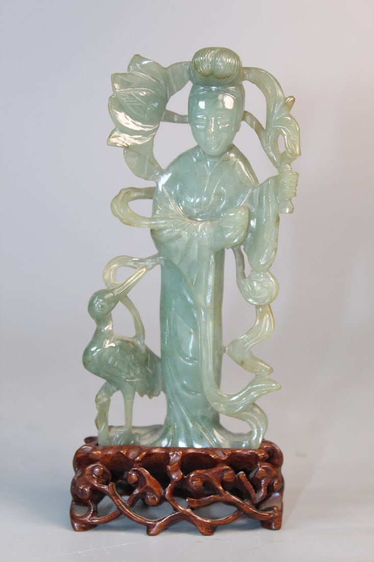 Chinese Caved Jade Figure of a Lady on Wood Stand. (1 of 8)