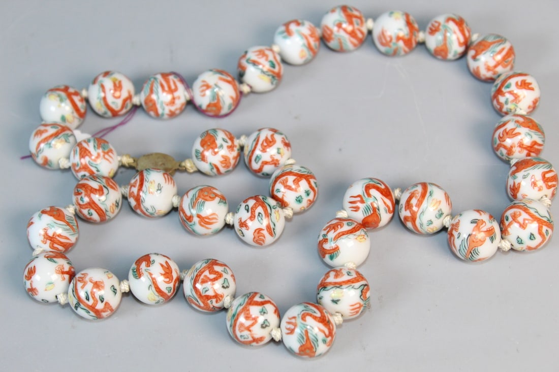 Chinese Porcelain Beads Necklace: Chinese Porcelain Beads Necklace. L 24".