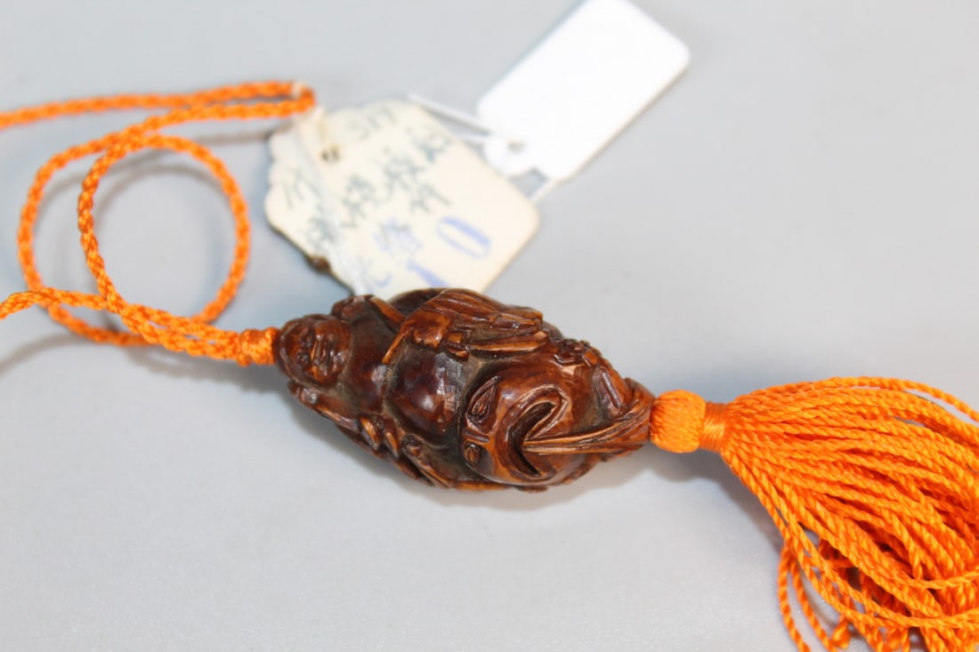 Chinese Carved Olive Nut Pendant of Liuhai and Frog (1 of 7)