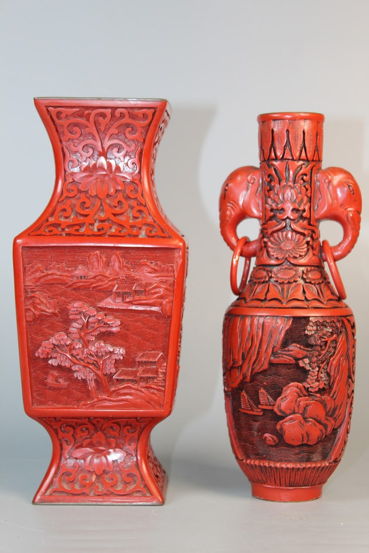 Two Chinese Carved Red Lacquer Vases (1 of 6)
