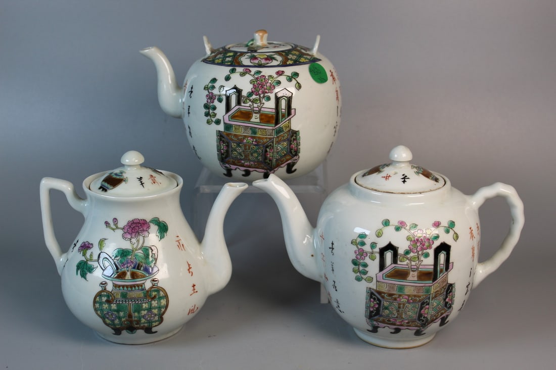 Three Chinese Famille Rose Teapots (1 of 9)